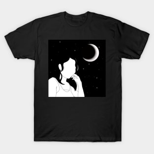 MINIMALIST PORTRAIT FACELESS GIRL MOON AND STARS BLACK AND WHITE T-Shirt